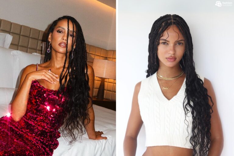 Montagem com duas fotos que aparecem na matéria: Taís Araújo de vestido rosa e gypsy braids e Juliana Nalu de cropped branco e gypsy braids