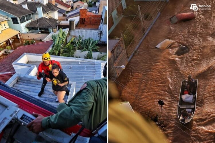 Montagem duas fotos da tragédia climática no Rio Grande do Sul, resgate de vítima