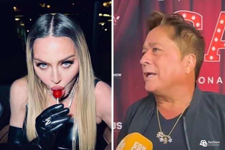 Montagem com foto de Madonna chupando pirulito e de Leonardo sendo entrevistado