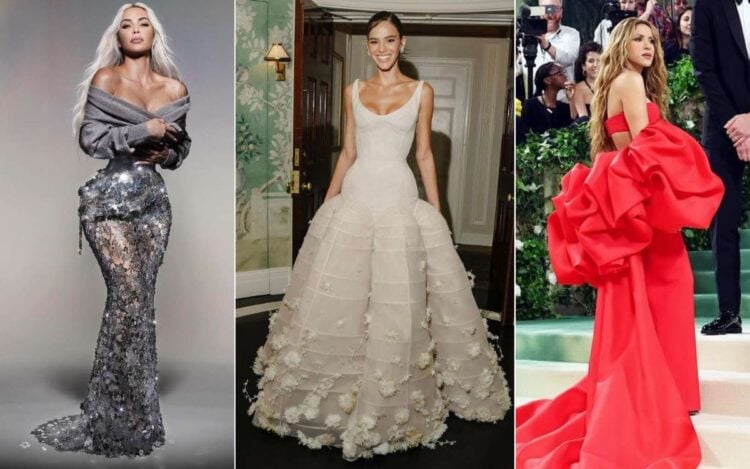 montagem com 3 looks do Met Gala 2024: Kim Kardashian, Bruna Marquezine e Shakira