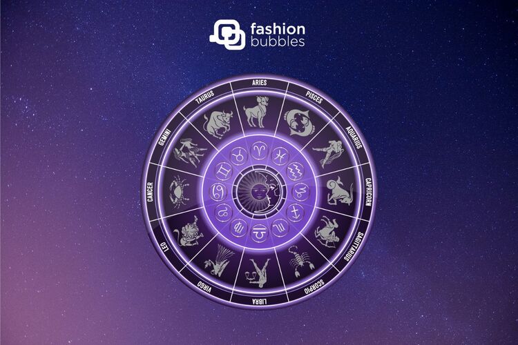 Montagem com fundo roxo estrelado e zodíaco no meio