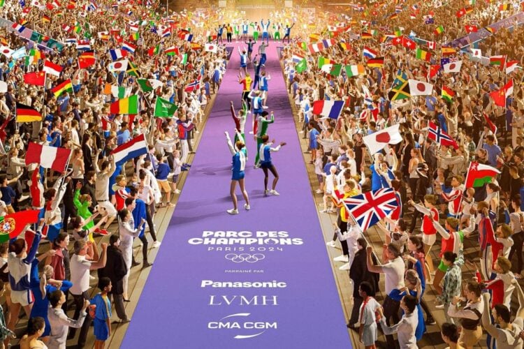 Desenho de passarela lilás com atletas passando por ela. Dos dois lados, uma multidão com bandeiras de diversos países