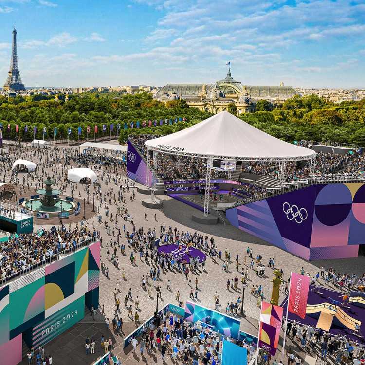 Complexo com arenas que receberão Skateboard, Basquete 3x3, BMX Freestyle e Breaking em Paris, com tendas e pessoas 
