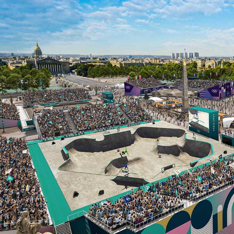 Arena de skate para Paris 2024, com pessoas e tendas