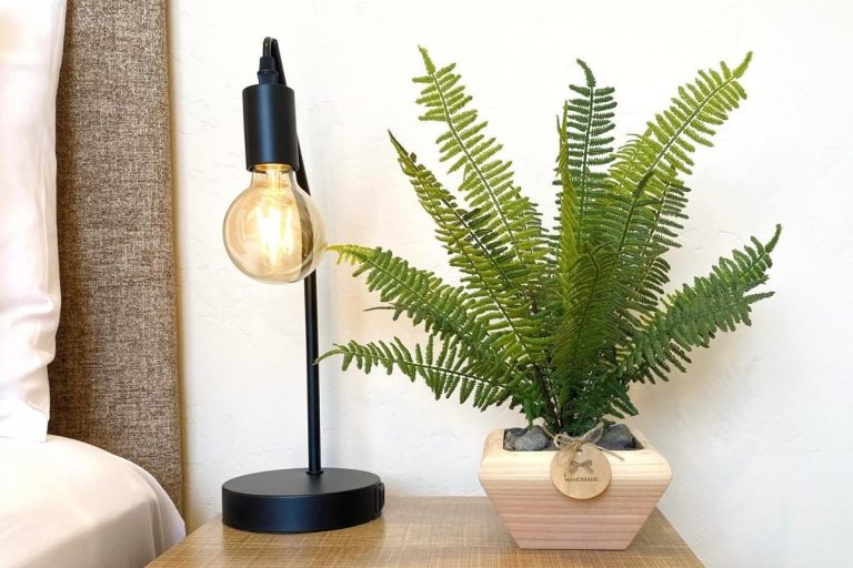 Mesa de cabeceira com luminária preta moderna de luz quente e uma samambaia vibrante em vaso de madeira. A composição cria um ambiente natural e acolhedor, contrastando com a textura da parede clara e da cama ao lado.