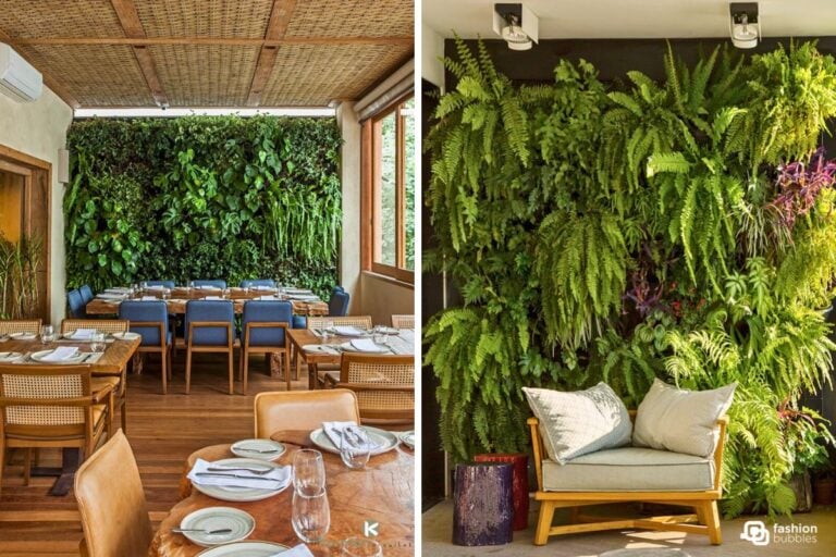 Foto de duas paredes verdes com plantas diversas