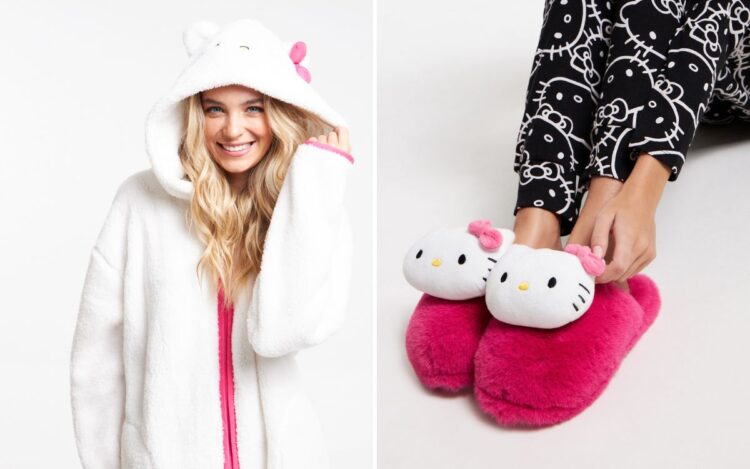 Montagem com duas fotos que aparecem na matéria, ambas de uma menina de pele clara usando roupas da Renner e Hello Kitty