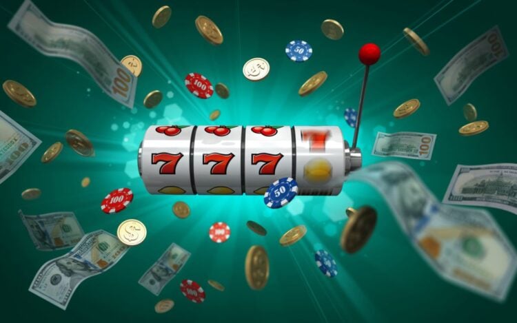 Fundo turquesa com notas de dinheiro e fichas de cassino voando em volta de slots online com jackpot