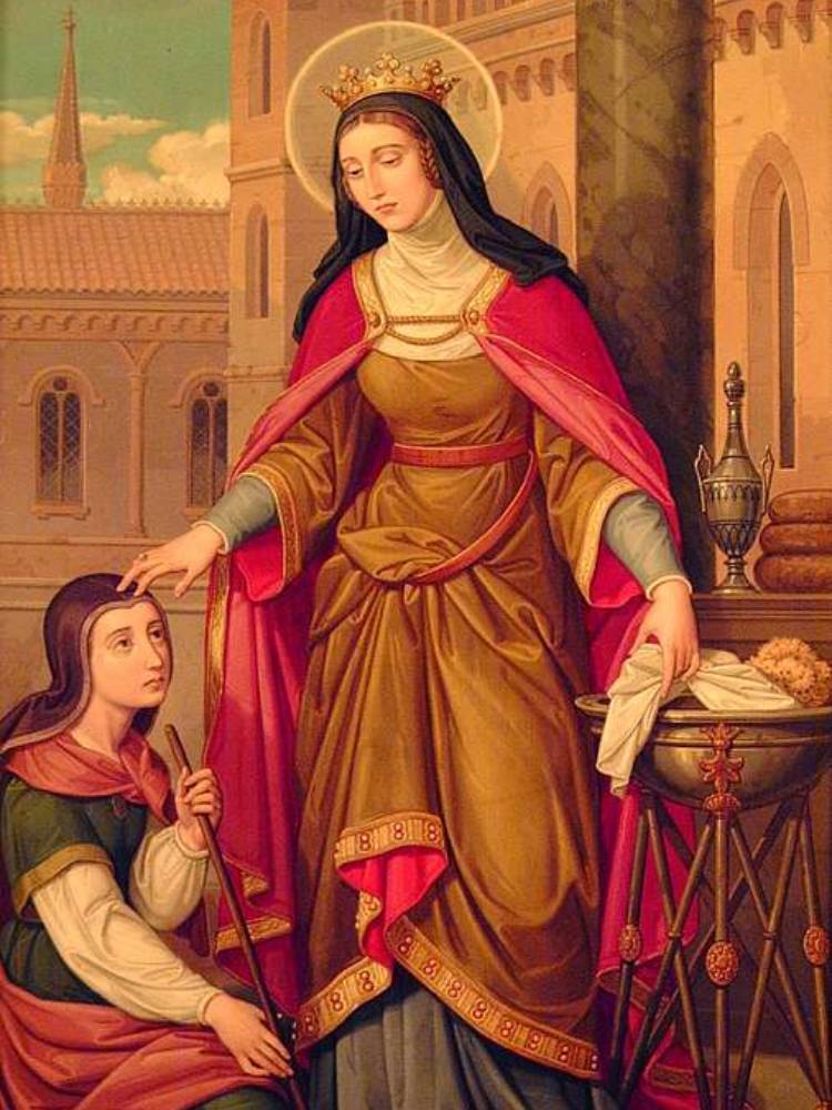 Pintura de Santa Isabel ajudando homem ajoelhado