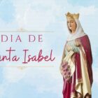 Montagem de fundo azul com foto de estatueta de Santa Isabel segurando rosas e frase "dia de Santa Isabel"