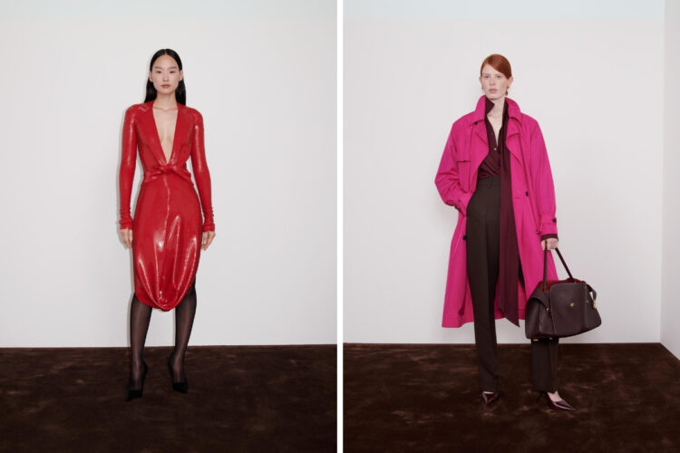 Montagem com duas fotos que aparecem na matéria: mulher aisática usando vestido midi vermelho decotado e mulher de pele clara usando blusa vinho, sobretudo rosa, calça marrom e bolsa hug Ferragamo