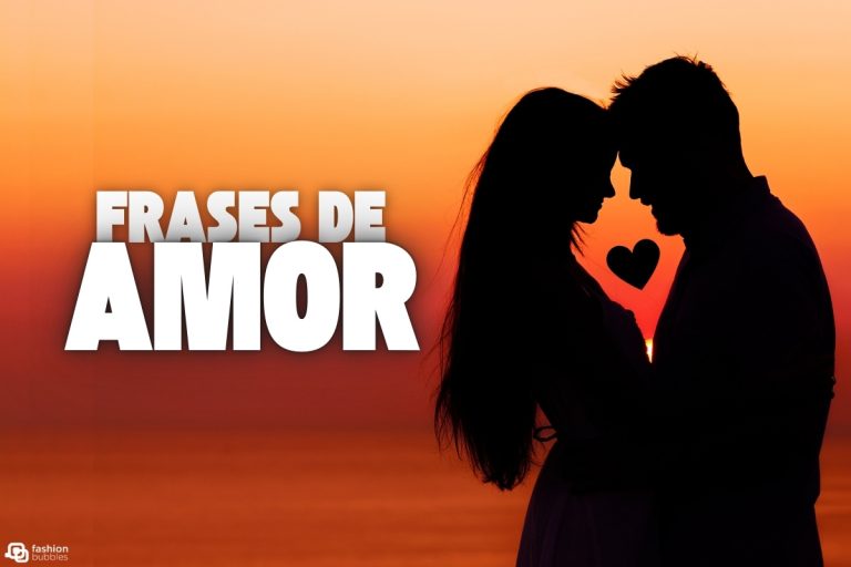 Imagem de um casal em silhueta, em frente a um pôr do sol com tons de laranja e vermelho. Eles estão de frente um para o outro, com suas testas encostadas, transmitindo intimidade e carinho. Um coração preto está entre eles, reforçando o tema de romance. À esquerda, em letras grandes e brancas, está escrito "FRASES DE AMOR". O cenário cria uma atmosfera romântica e serena.