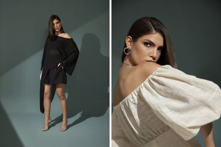 Montagem com foto de mulher de pele clara usando vestido preto com transparência e mesma mulher de perfil usando vestido bege de manga bufante