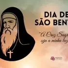 Foto de céu matinal com ilustração de São Bento ao lado de frase do monge