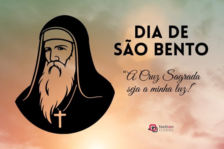 Foto de céu matinal com ilustração de São Bento ao lado de frase do monge