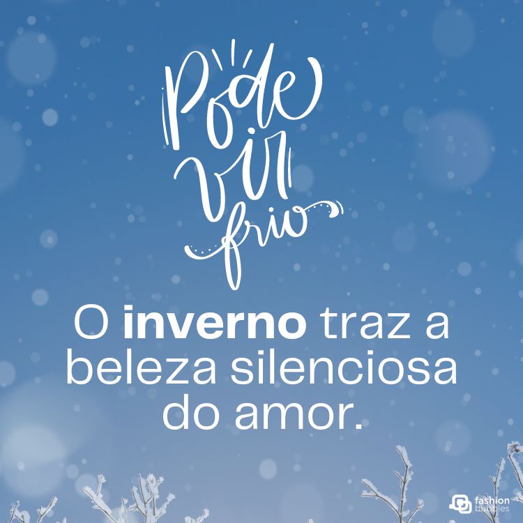 A imagem mostra um céu azul claro com flocos de neve dispersos. No centro, há texto em branco que diz: “Pode vir frio” e “O inverno traz a beleza silenciosa do amor.” As palavras criam legendas de inverno poéticas contra o fundo gelado.