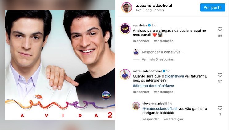 Mateus Solano cobra Viva de repasse de direitos autorais nas redes socais.