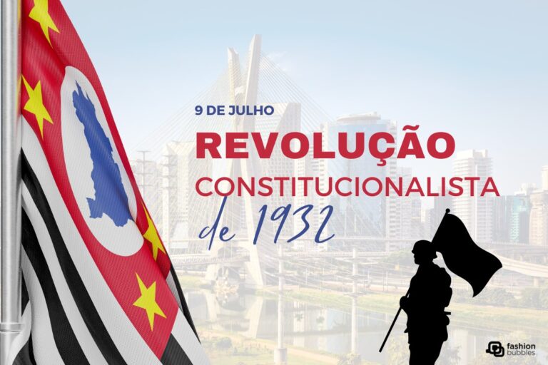 Montagem com escrito 9 de julho, revolução constitucionalista de 1932 em fundo branco com foto de são paulo. Ao lado, bandeira do estado e png de vetor de soldado carregando bandeira