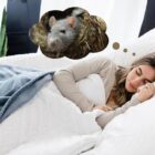 Mulher loira dormindo de lado em cama e sonhando com rato