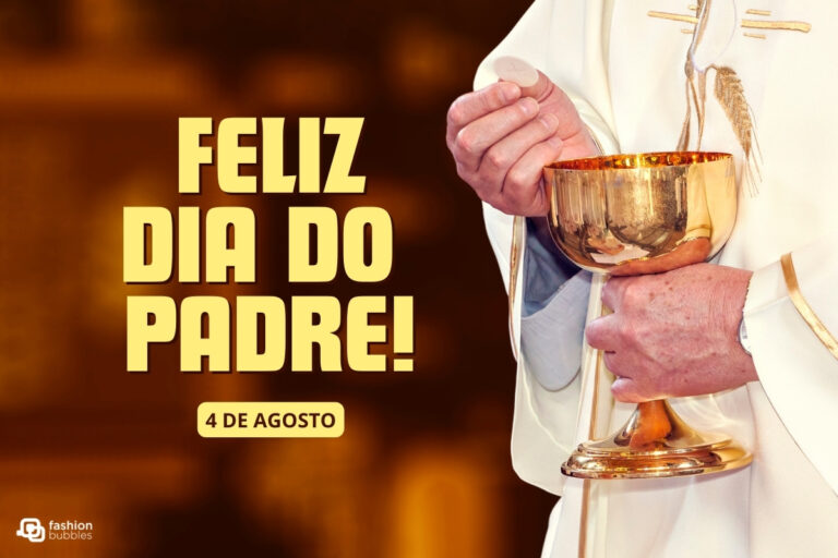 A imagem mostra um padre segurando uma hóstia em uma mão e um cálice dourado na outra. Ele veste uma batina branca com detalhes dourados. À esquerda, há o texto "Feliz Dia do Padre!" em letras grandes e amarelas, com a data "4 de agosto" logo abaixo.