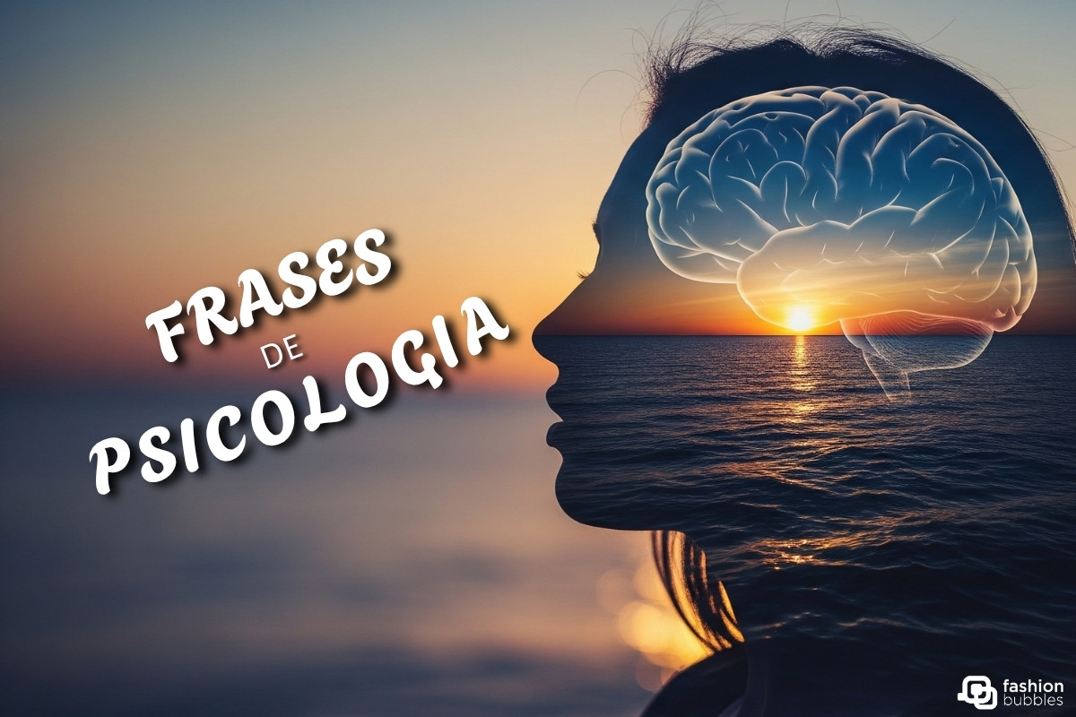 A imagem exibe a silhueta de uma cabeça humana, com um cérebro visível e translúcido em seu interior, sobreposto a um pôr do sol dourado e um oceano sereno. A frase "FRASES DE PSICOLOGIA" aparece em destaque.