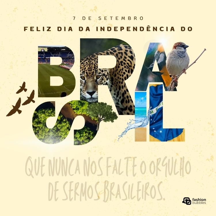 Card de fundo bege com "Brasil" escrito com fotos de flora e fauna, além de frase: Que nunca nos falte o orgulho de sermos brasileiros. Feliz Dia da Independência!