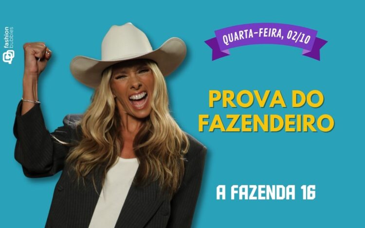 Foto de Adriane Galisteu em fundo azul ao lado de horário A Fazenda 16 02/10