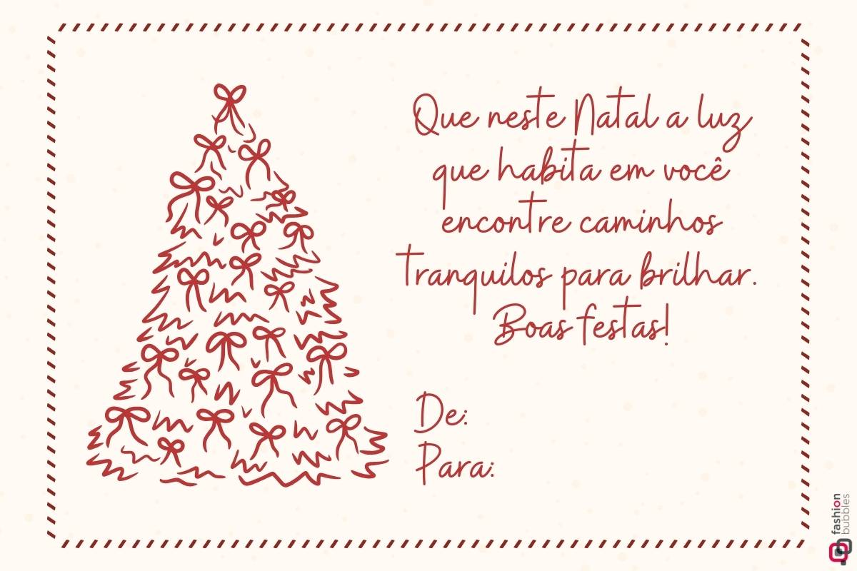 Cartão de Natal para imprimir com ilustração de árvore e mensagem pronta