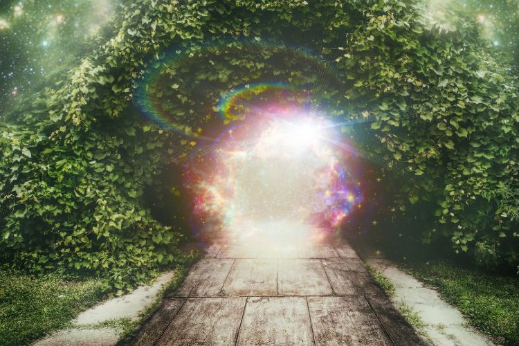 Uma trilha de pedra leva a um portal mágico luminoso, envolto por uma exuberante vegetação verde. O brilho intenso do portal contrasta com a serenidade do cenário natural, criando uma atmosfera de mistério e fantasia. Estrelas cintilam suavemente ao redor.