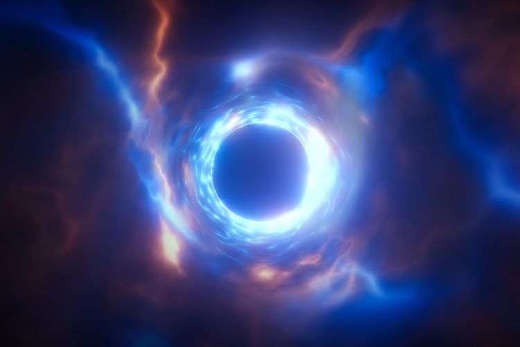 Um portal cósmico brilha intensamente com luzes azuis e alaranjadas, criando um efeito de túnel energético. As nuvens nebulosas ao redor adicionam um senso de mistério e profundidade. A imagem evoca a sensação de viagem interdimensional e fantástica.