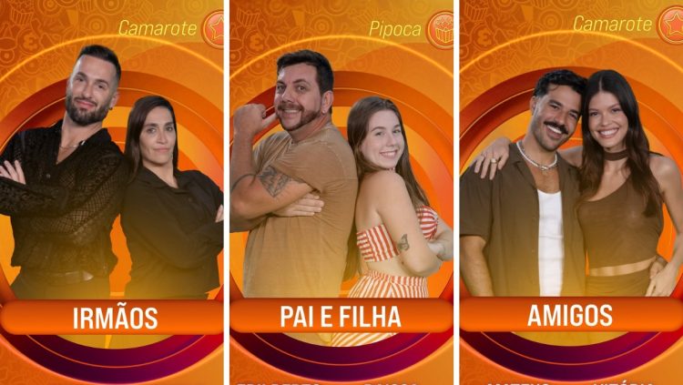 Montagem com 3 fotos de fundo laranja com os emparedados: Daniele e Diego, Edilberto e Raissa e Vitória e Mateus