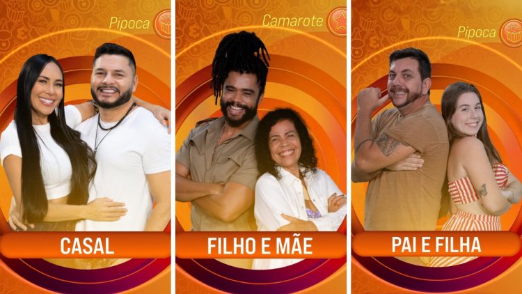 Montagem de fundo laranja com fotos dos emparedados: Arleane e Marcelo; Diogo e Vilma; Edilberto e Raissa