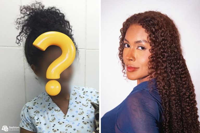 A imagem mostra um antes e depois. À esquerda, uma mulher com rosto oculto por um ícone de interrogação, cabelo preso e uniforme. À direita, ela aparece transformada, com cabelo solto, maquiagem suave e expressão confiante.