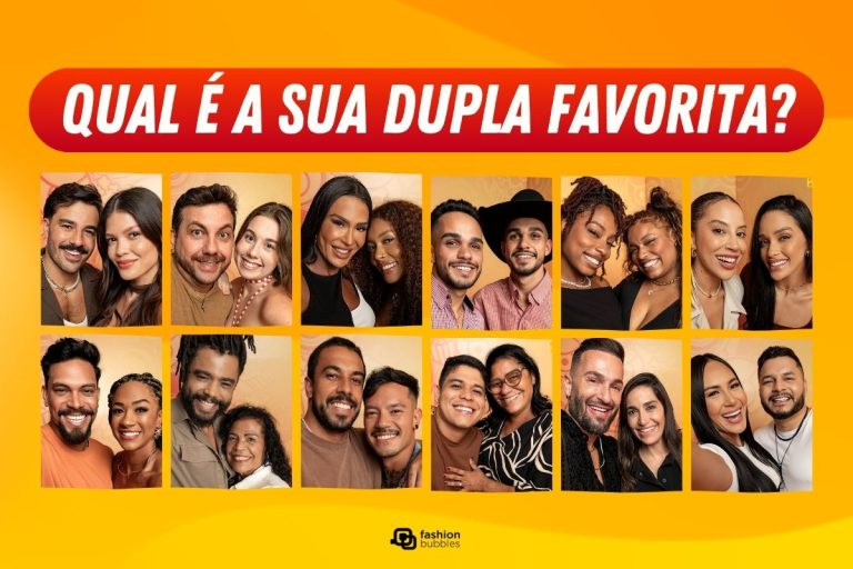 A imagem apresenta as 12 duplas do BBB 25 em retratos lado a lado, com fundo amarelo vibrante. Cada dupla exibe sorrisos e poses descontraídas, destacando diversidade e carisma. No topo, a frase "Qual é a sua dupla favorita?" em letras brancas sobre fundo vermelho, incentivando a interação do público.
