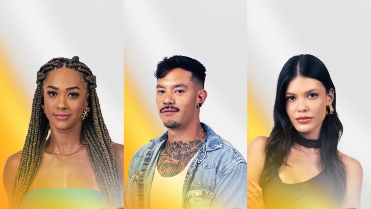 Montagem com fotos de Aline, Gabriel e Vitória em fundo cinza e amarelo
