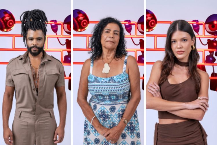 Montagem com fundo cinza com tubos laranjas e dummies robôs com fotos de Diogo, Vilma e Vitória