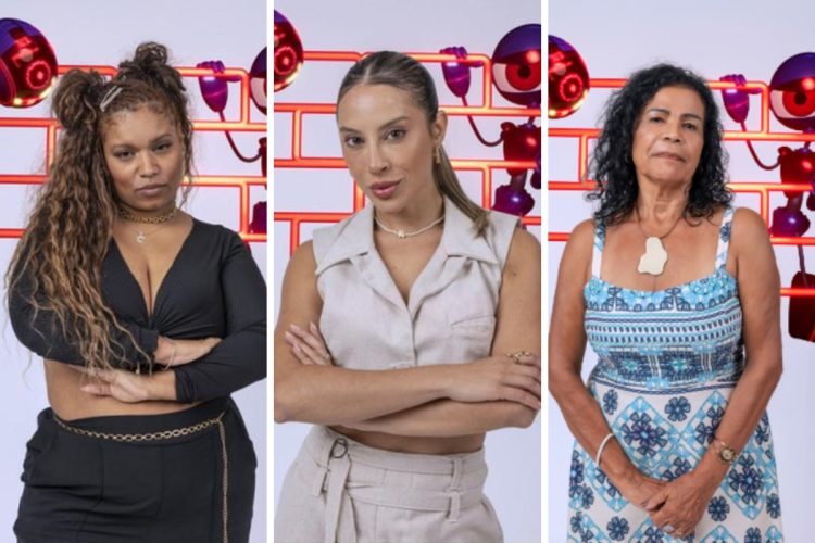 Montagem de fundo cinza e laranja com dummies robôs e foto de Camilla, Renata e Vilma
