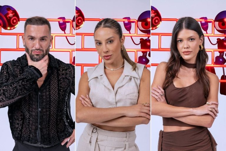 Foto de Diego Hypolito, Renata Saldanha e Vitória Strada, participantes da Enquete BBB 25 Votalhada 18º Paredão
