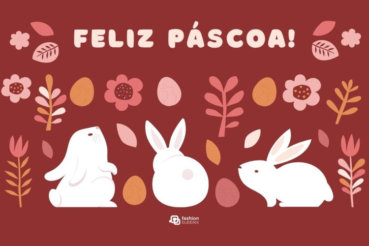 Fundo vermelho com desenhos de ovos, flores e coelhos, além de mensagem de feliz Páscoa