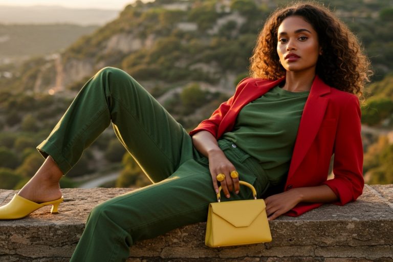 Mulher com cabelo cacheado, usando blazer vermelho, calça verde e sapatos amarelos, segura uma bolsa amarela. Ela está sentada em um muro ao ar livre, com natureza desfocada ao fundo, em um cenário iluminado pelo pôr do sol.