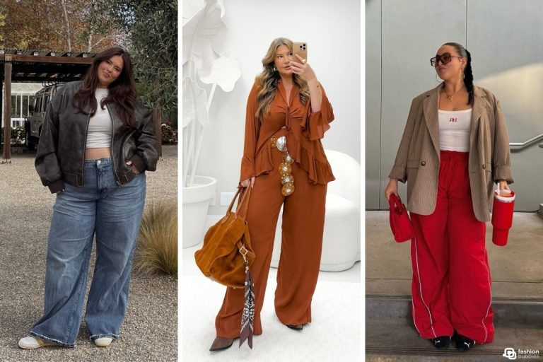 Três mulheres plus size exibem estilos distintos: jaqueta de couro com jeans despojado; conjunto monocromático terracota com detalhes elegantes; blazer xadrez bege sobre calça vermelha esportiva. Looks sofisticados e versáteis, combinando conforto, moda e ousadia.
