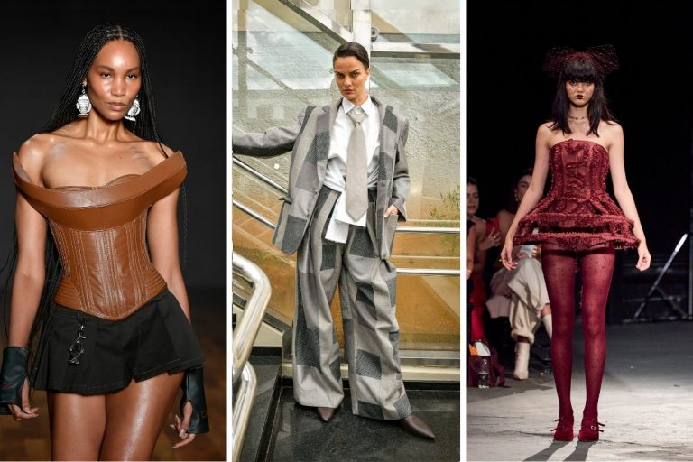Montagem apresenta tendências do SPFW N59: corselete marrom estruturado com minissaia preta; terno oversized cinza com padronagem geométrica; e minivestido vermelho texturizado volumoso, acompanhado de meia-calça decorada, destacando estética ousada, dramática e contemporânea.