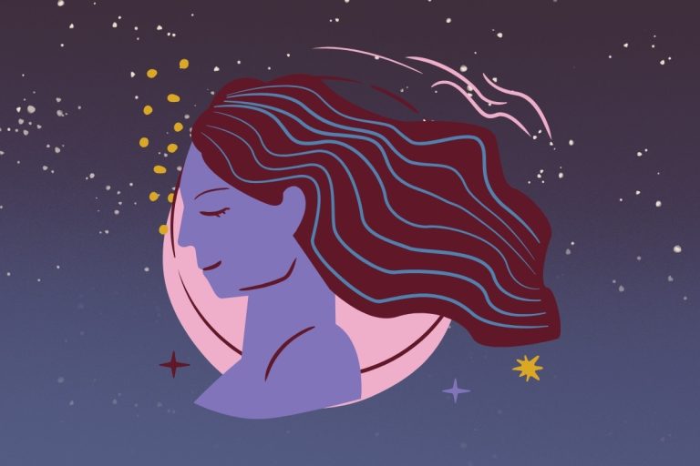 Foto de céu azul-escuro estrelado com símbolo do signo de Virgem, simbolizando horóscopo diário