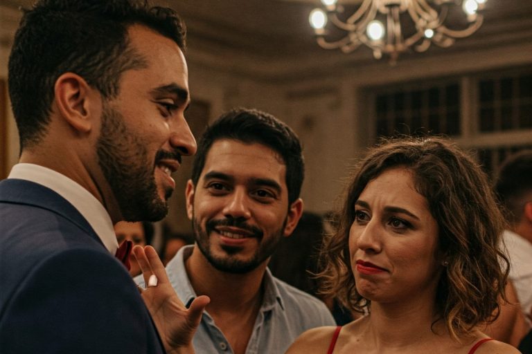 Três pessoas em um evento social. Um homem com barba, de terno, gesticula enquanto conversa com uma mulher de cabelos cacheados. Ao fundo, outro homem com barba sorri, acompanhando a interação.