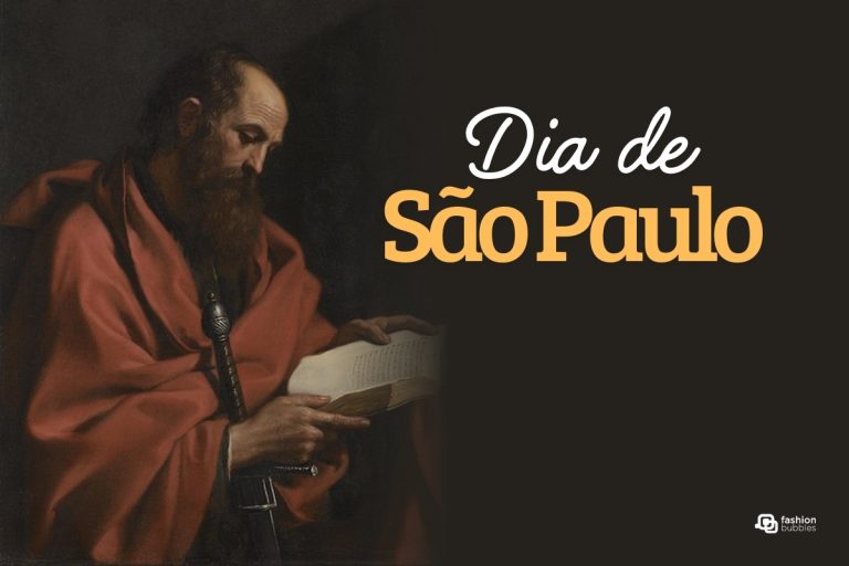Esta imagem apresenta uma pintura clássica de Paulo Apóstolo, um homem barbudo em uma túnica vermelha, lendo atentamente um livro. O texto à direita diz "Dia de São Paulo", sugerindo um contexto comemorativo.