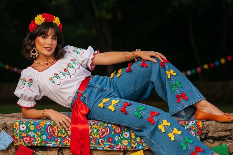 Uma mulher sorridente com uma blusa branca bordada com flores e calças jeans decoradas com laços coloridos está deitada em uma superfície estampada com flores e franjas. Ela usa uma faixa vermelha na cintura, brincos dourados, colares e uma coroa de flores vermelhas e amarelas na cabeça. O fundo está desfocado, mostrando vegetação e luzes de festa.