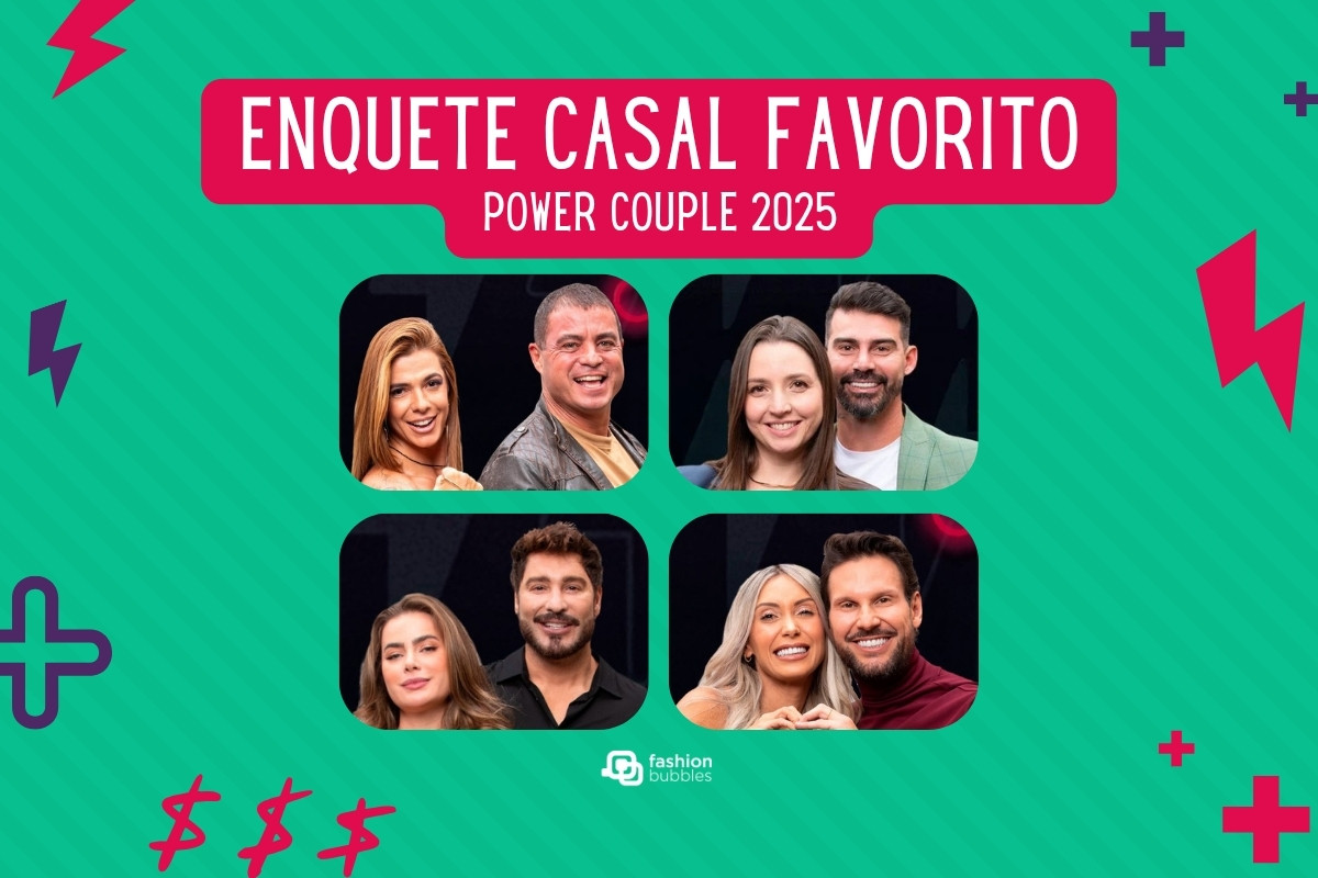 Fundo verde com foto dos participantes da enquete Power Couple Brasil 2025 casal favorito