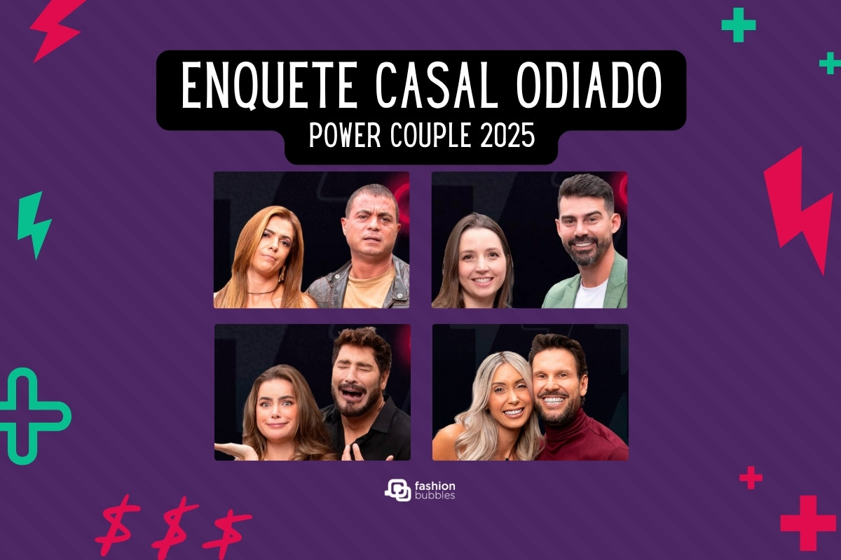 Fundo verde com foto dos participantes da enquete Power Couple Brasil 2025 casal odiado