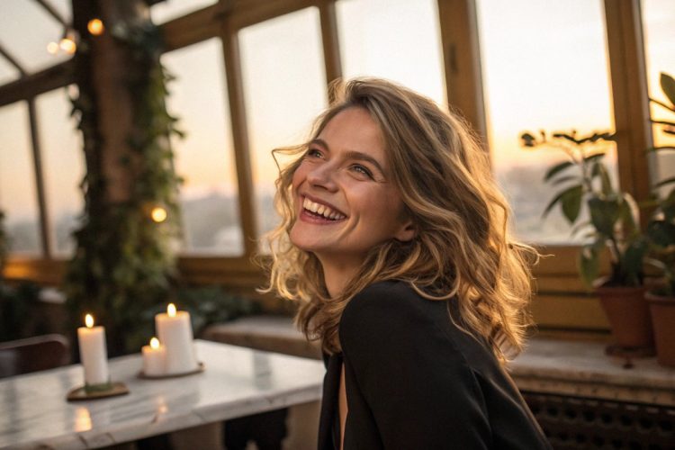 Fotografia realista de uma mulher sorridente, aparentando entre 25 e 35 anos, com expressão alegre e autêntica. Ela tem cabelos levemente ondulados, castanhos claros ou loiros, pele iluminada, transmitindo felicidade e confiança. O cenário é sofisticado e acolhedor: a mulher está sentada junto a uma mesa de madeira clara ou mármore suave, banhada pela luz dourada do fim de tarde que entra por uma grande janela. O fundo é aconchegante, com plantas naturais, velas acessas, alguns cristais e objetos astrológicos verdadeiros, como pequenos amuletos ou peças de metal representando signos do zodíaco, delicadamente distribuídos na cena. Sobre a mesa há um cristal transparente nas mãos da mulher, que ela segura de forma leve, sugerindo conexão com o autoconhecimento e boa comunicação. Os olhos dela brilham com alegria e esperança. As cores predominantes são azul claro, lilás, dourado e branco, realçando uma atmosfera de renovação e otimismo, típica das boas energias do mês de julho. O visual é sofisticado, realista, com foco em felicidade feminina, elementos de signos e horóscopo. Não há ilustrações, desenhos ou textos—apenas objetos reais, luz natural e expressões genuínas.