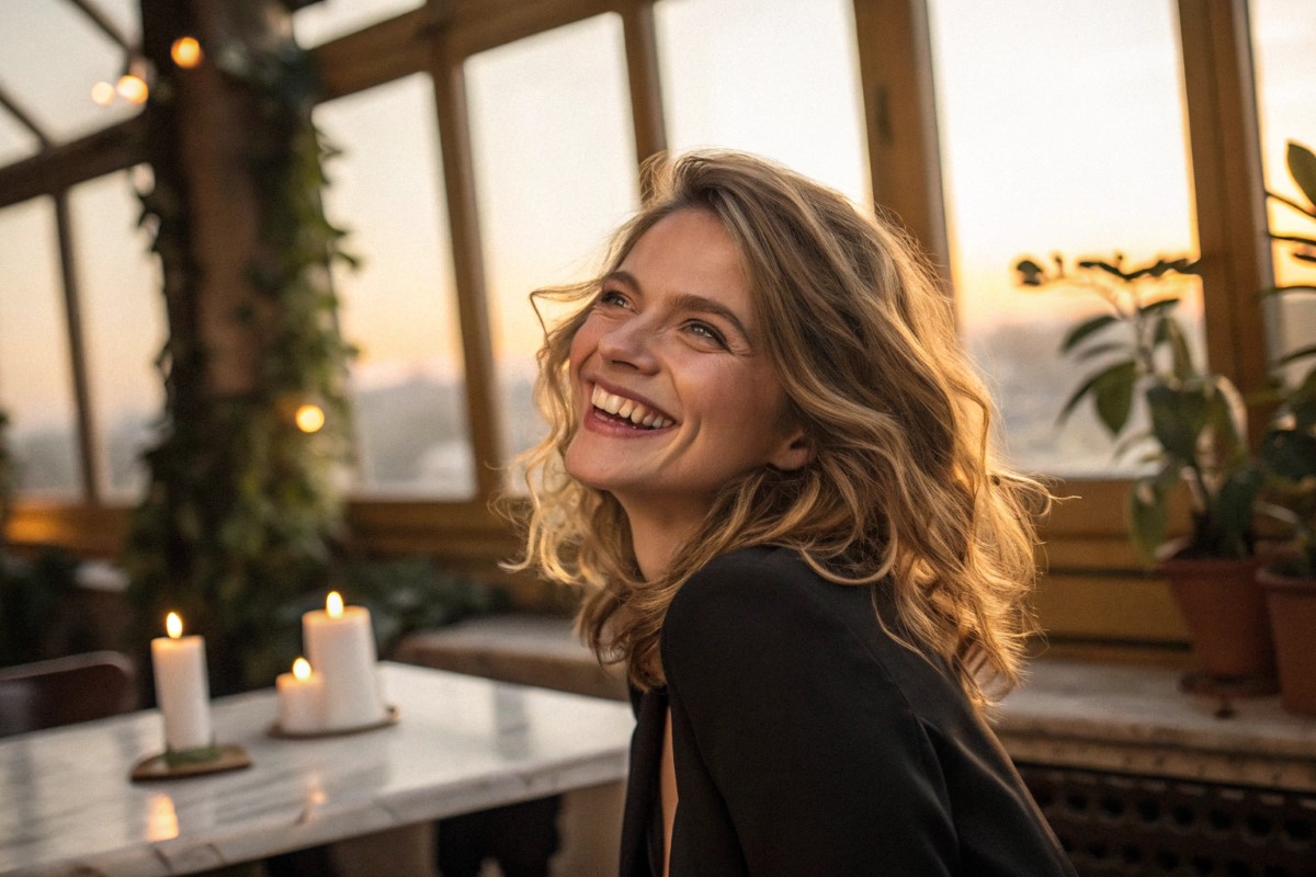 Fotografia realista de uma mulher sorridente, aparentando entre 25 e 35 anos, com expressão alegre e autêntica. Ela tem cabelos levemente ondulados, castanhos claros ou loiros, pele iluminada, transmitindo felicidade e confiança. O cenário é sofisticado e acolhedor: a mulher está sentada junto a uma mesa de madeira clara ou mármore suave, banhada pela luz dourada do fim de tarde que entra por uma grande janela. O fundo é aconchegante, com plantas naturais, velas acessas, alguns cristais e objetos astrológicos verdadeiros, como pequenos amuletos ou peças de metal representando signos do zodíaco, delicadamente distribuídos na cena. Sobre a mesa há um cristal transparente nas mãos da mulher, que ela segura de forma leve, sugerindo conexão com o autoconhecimento e boa comunicação. Os olhos dela brilham com alegria e esperança. As cores predominantes são azul claro, lilás, dourado e branco, realçando uma atmosfera de renovação e otimismo, típica das boas energias do mês de julho. O visual é sofisticado, realista, com foco em felicidade feminina, elementos de signos e horóscopo. Não há ilustrações, desenhos ou textos—apenas objetos reais, luz natural e expressões genuínas.